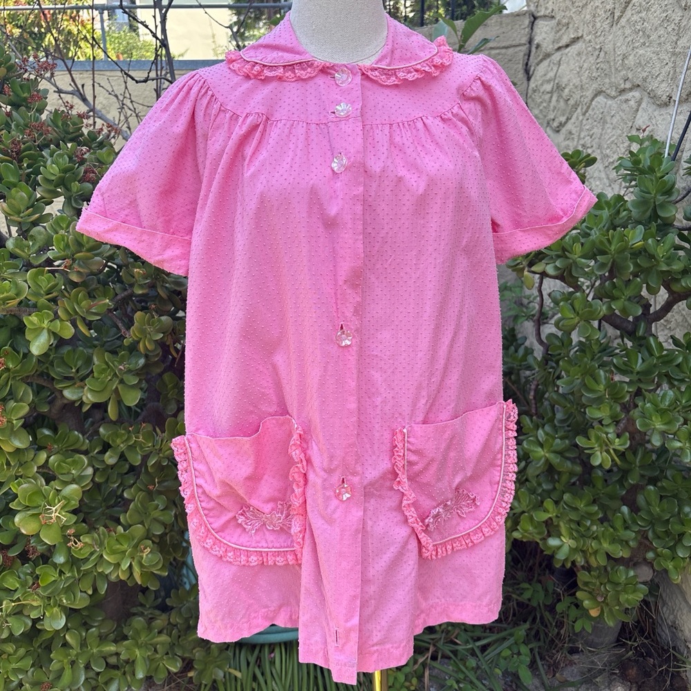 Vintage 60s Pink Coquette House Dress with Ruffle Pockets